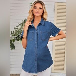 Ouges Blue Denim Short Sleeve Button Up Collared Maternity Shirt Size XXL NWT